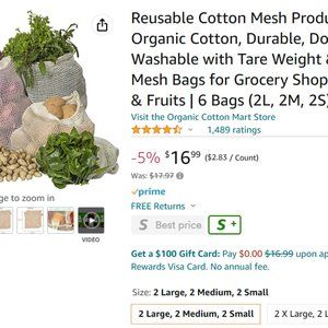 Cotton Mesh Produce Bags 6 bags (2L, 2M and 2S)